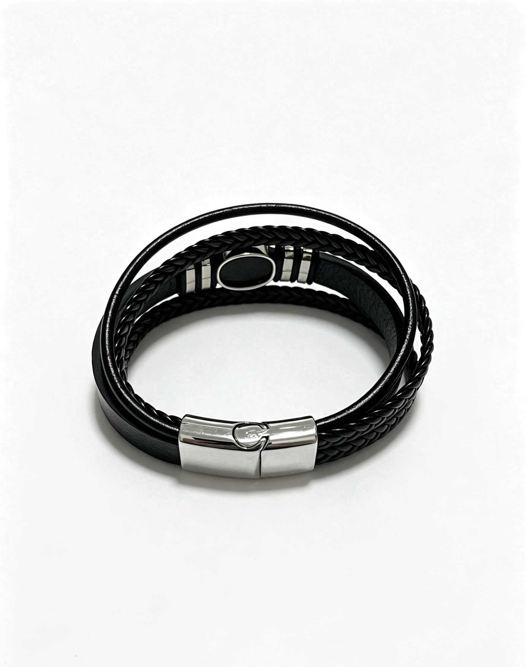 Chrome Hearts Men's Black Leather Bracelet with Silver Accents